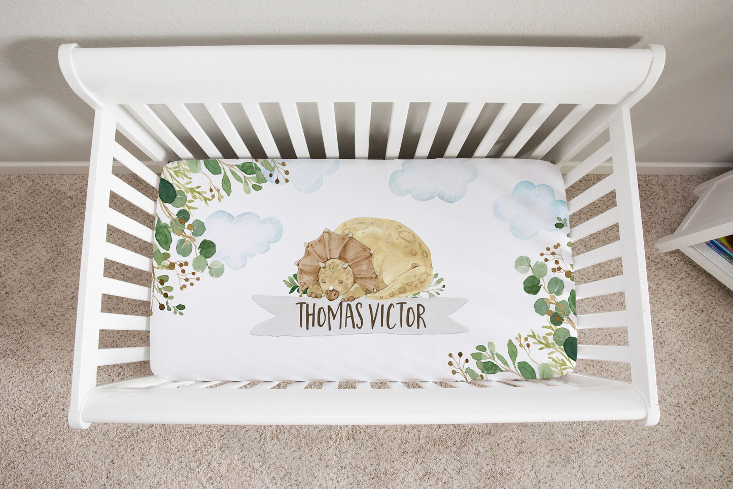 Greenery with Dinosaurs Personalized Crib Sheet for Boy