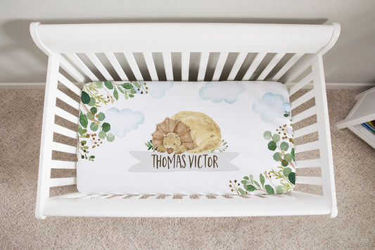 Greenery with Dinosaurs Personalized Crib Sheet for Boy