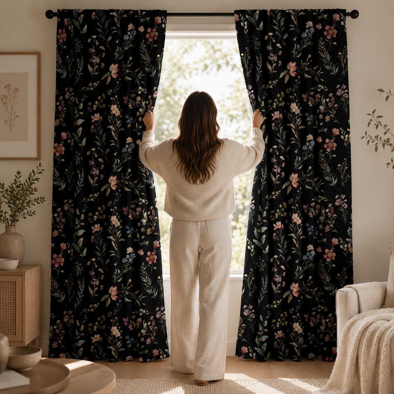Black Floral, Moody Blackout Curtains
