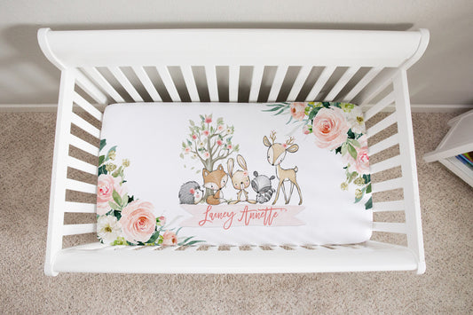 Blush Florals with Woodland Animals Personalized Crib Sheet for Girl