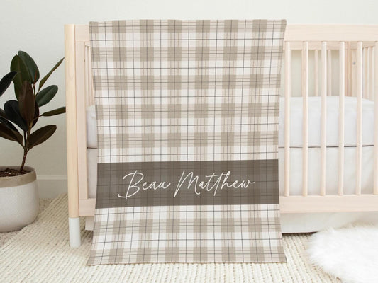 Neutral Plaid Personalized Blanket for Boy