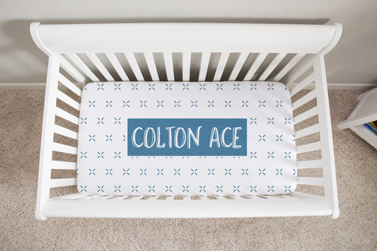 Blue Mudcloth Personalized Crib Sheet for Boy