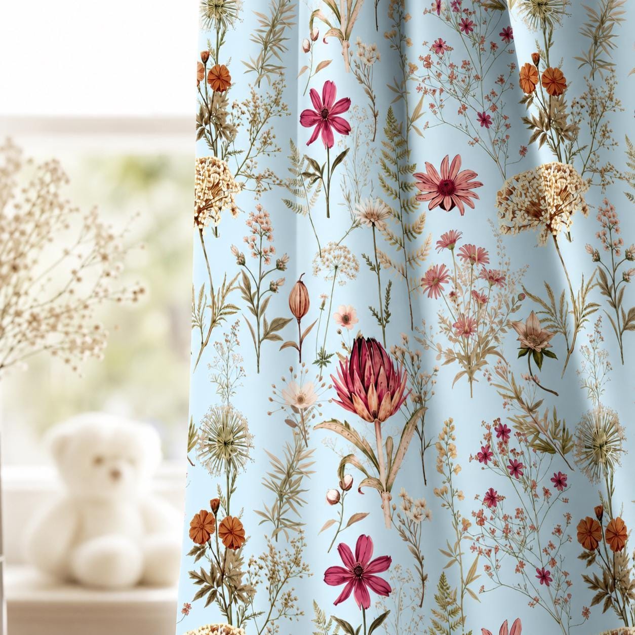 Boho Floral Curtains Blue Wildflower Blackout Curtains