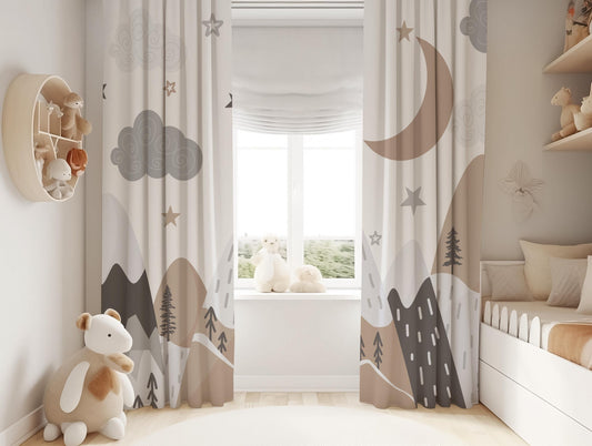 Boho Beige Mountain Curtains with Moon Blackout Curtains