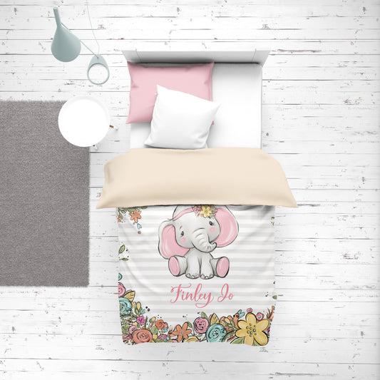 Blush Florals with Happy Elephant Personalized Duvet Cover Set for Girl