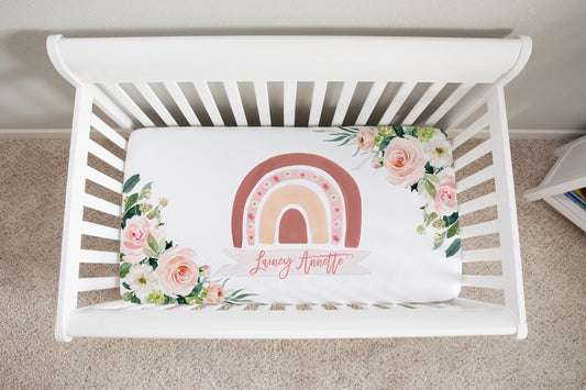 Blush Florals with Rainbow Personalized Crib Sheet for Girl