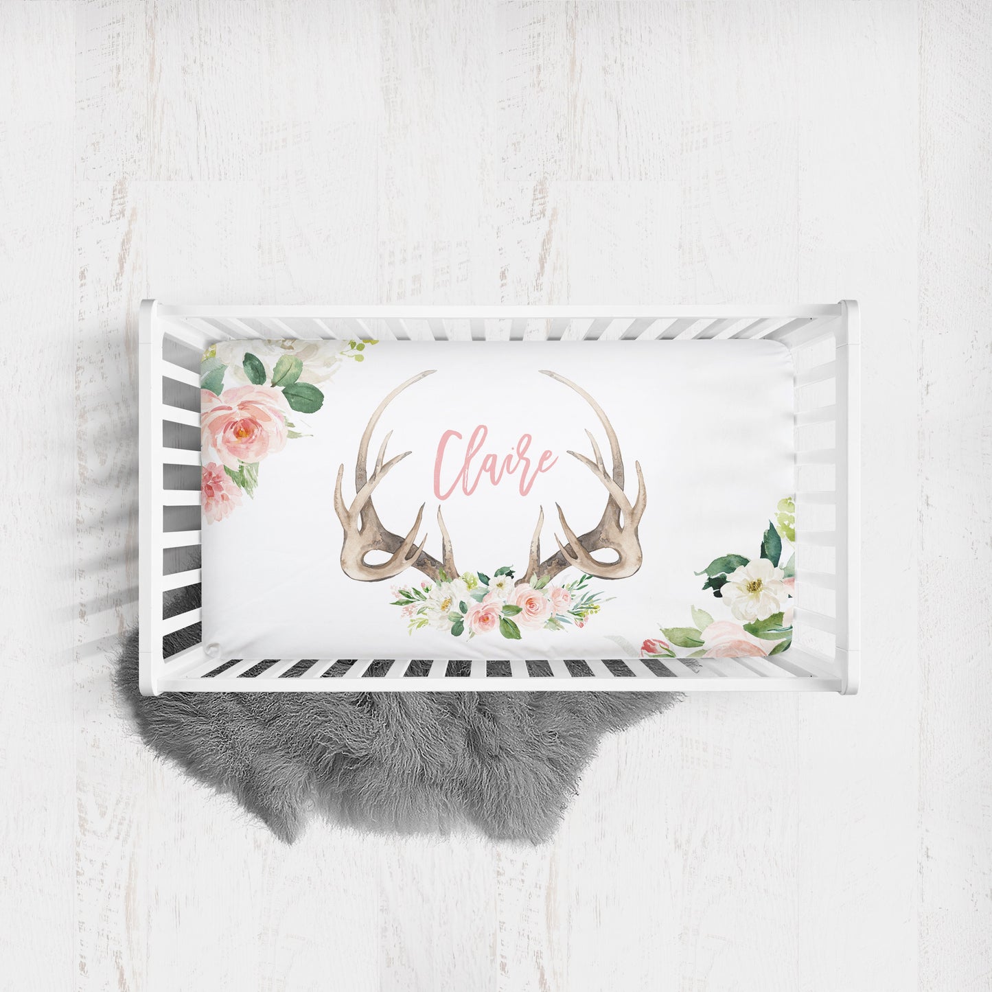 Blush Florals with Antlers Personalized Crib Sheet for Girl