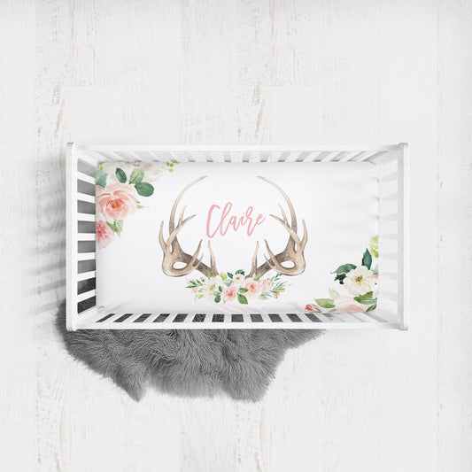 Blush Florals with Antlers Personalized Crib Sheet for Girl