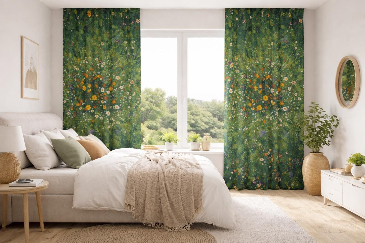 Green Wildflower Curtains, Botanical Floral Blackout Curtains