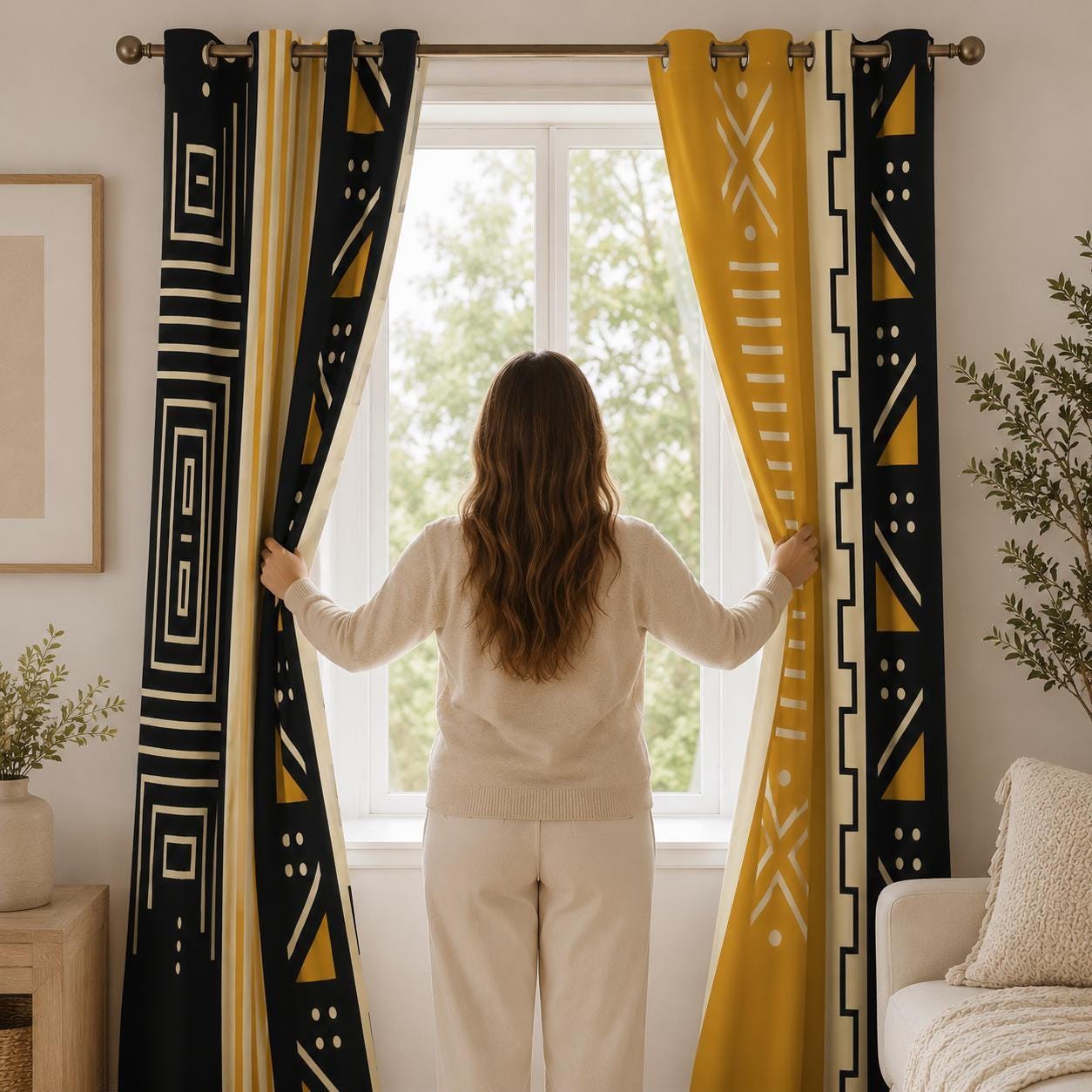 Mustard Black Geometric Blackout Curtains