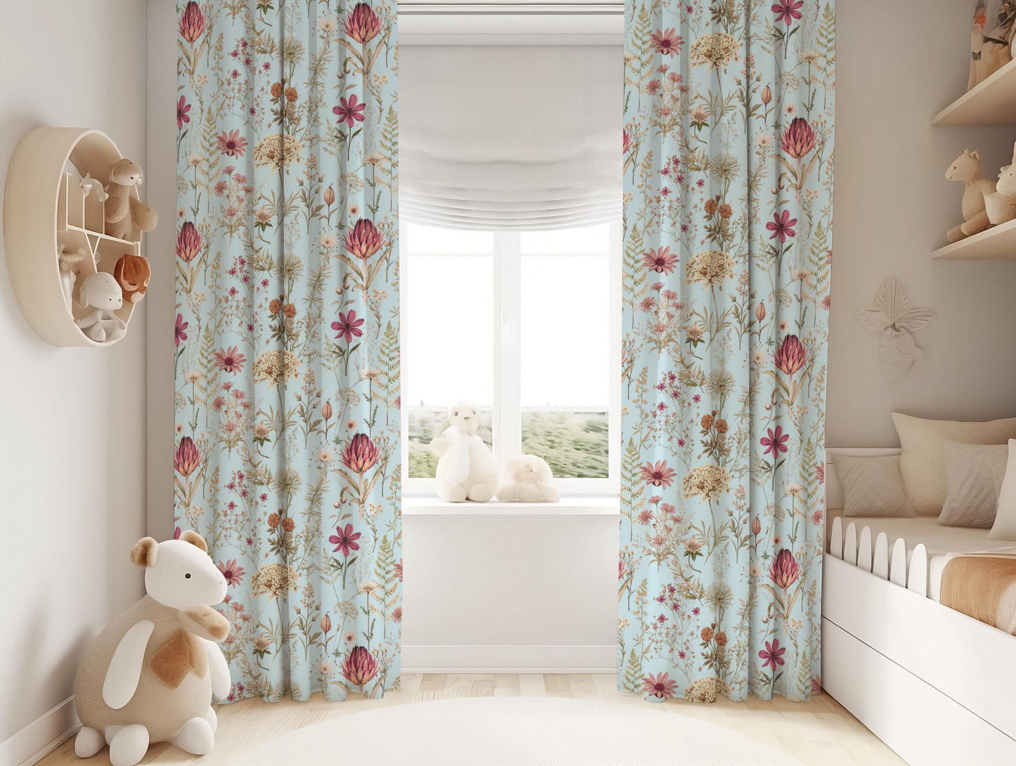 Boho Floral Curtains Blue Wildflower Blackout Curtains
