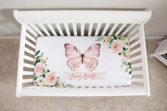 Blush Florals with Butterfly Personalized Crib Sheet for Girl