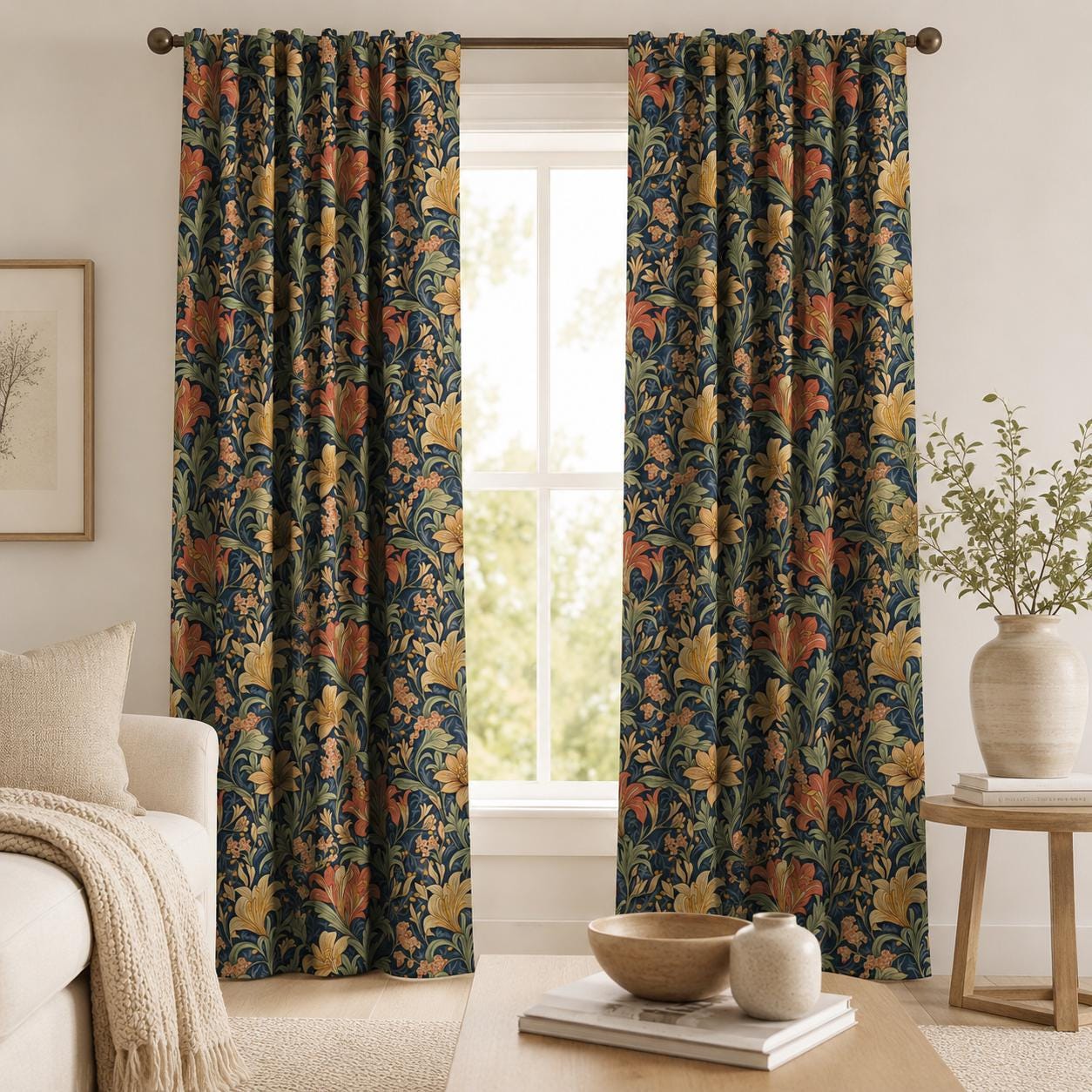 William Morris Style Floral Blackout Curtains