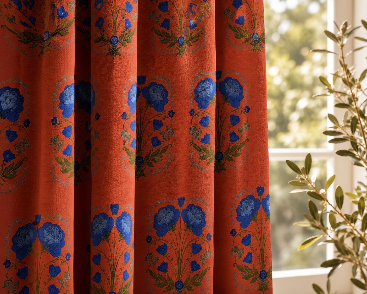 Burnt Orange Blue Floral Blackout Curtains