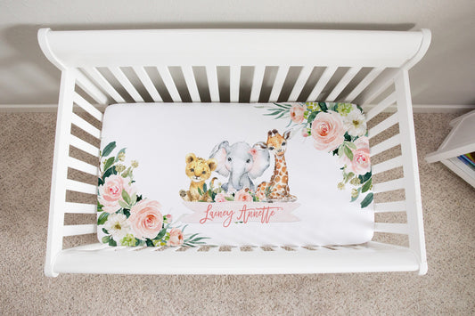 Blush Florals with Safari Babies Personalized Crib Sheet for Girl