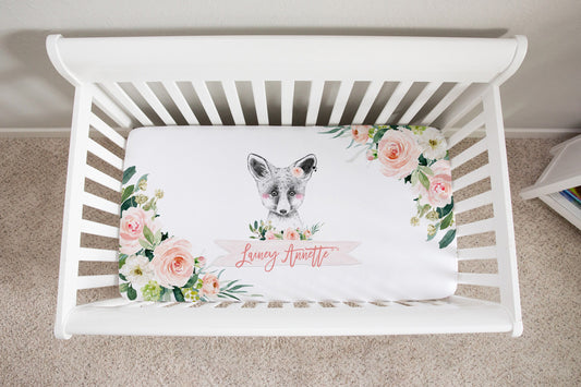 Blush Florals with Black and White Animals Personalized Crib Sheet for Girl