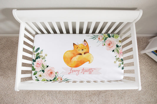 Blush Florals with Woodland Animals Personalized Crib Sheet for Girl