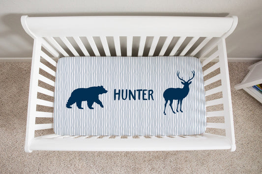 Navy Blue Woodland Personalized Crib Sheet for Boy