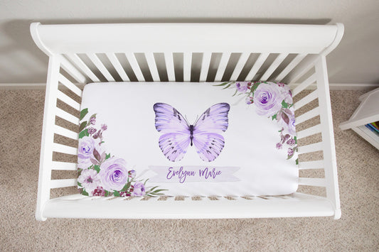 Purple Florals with Butterfly Personalized Crib Sheet for Girl