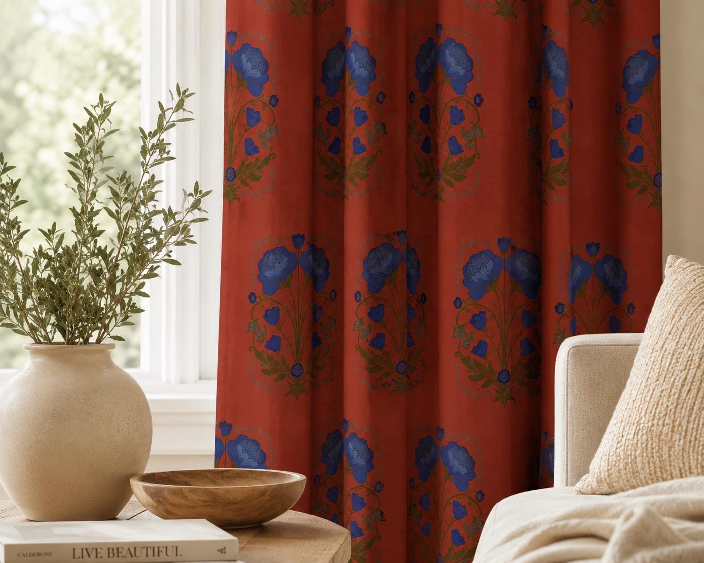 Burnt Orange Blue Floral Blackout Curtains