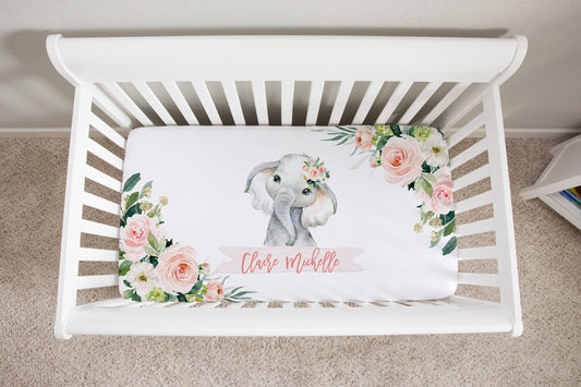 Blush Florals with Elephant Personalized Crib Sheet for Girl