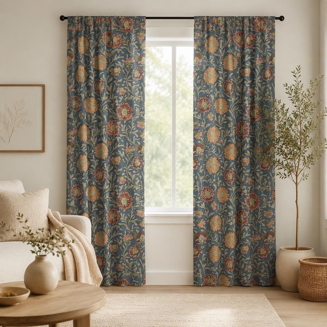 Blue Floral Curtains, Vintage Botanical Blackout Curtains