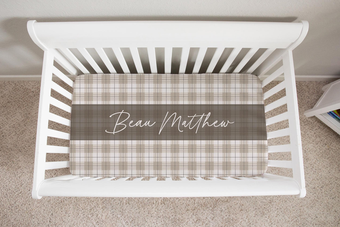 Neutral Plaid Personalized Crib Sheet for Boy