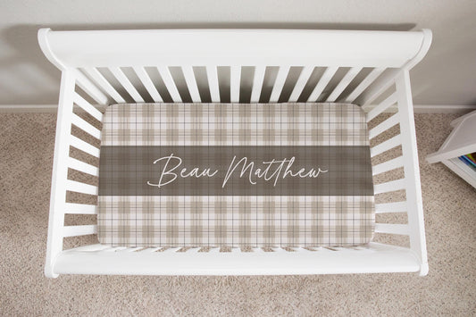 Neutral Plaid Personalized Crib Sheet for Boy
