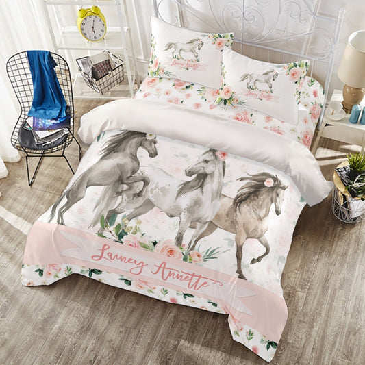 Blush Florals with Horses Personalized Duvet Cover Set for Girl