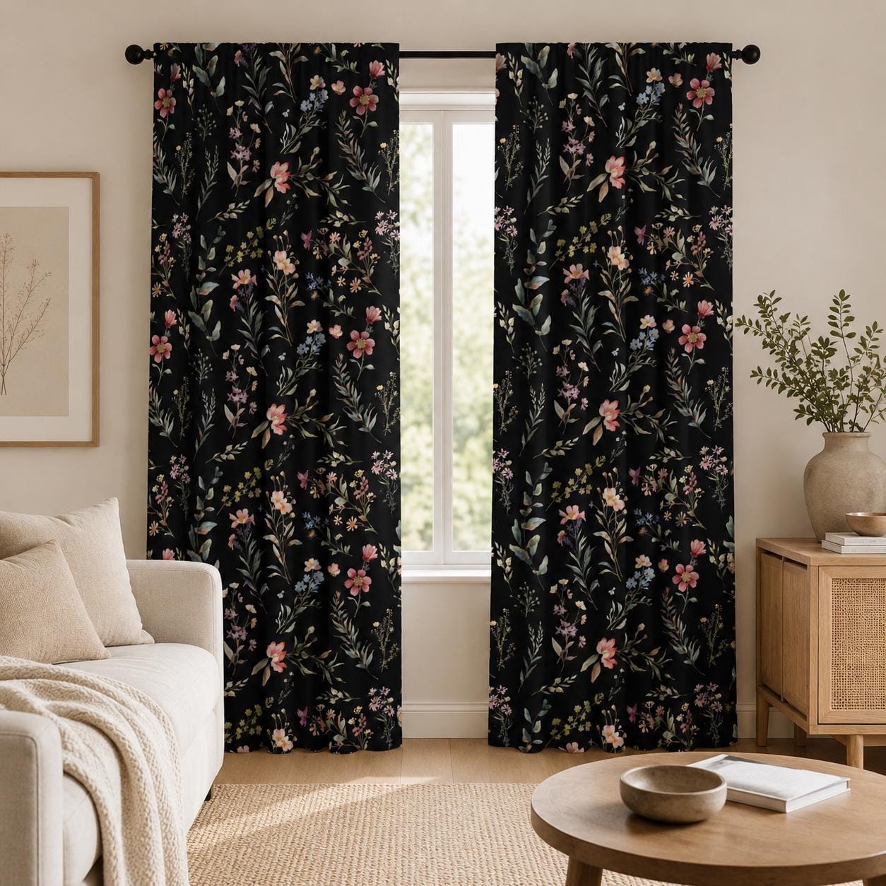 Black Floral, Moody Blackout Curtains