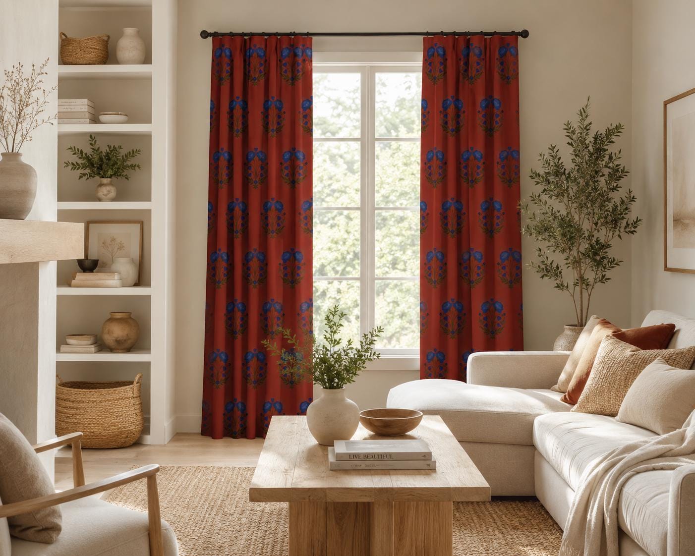 Burnt Orange Blue Floral Blackout Curtains