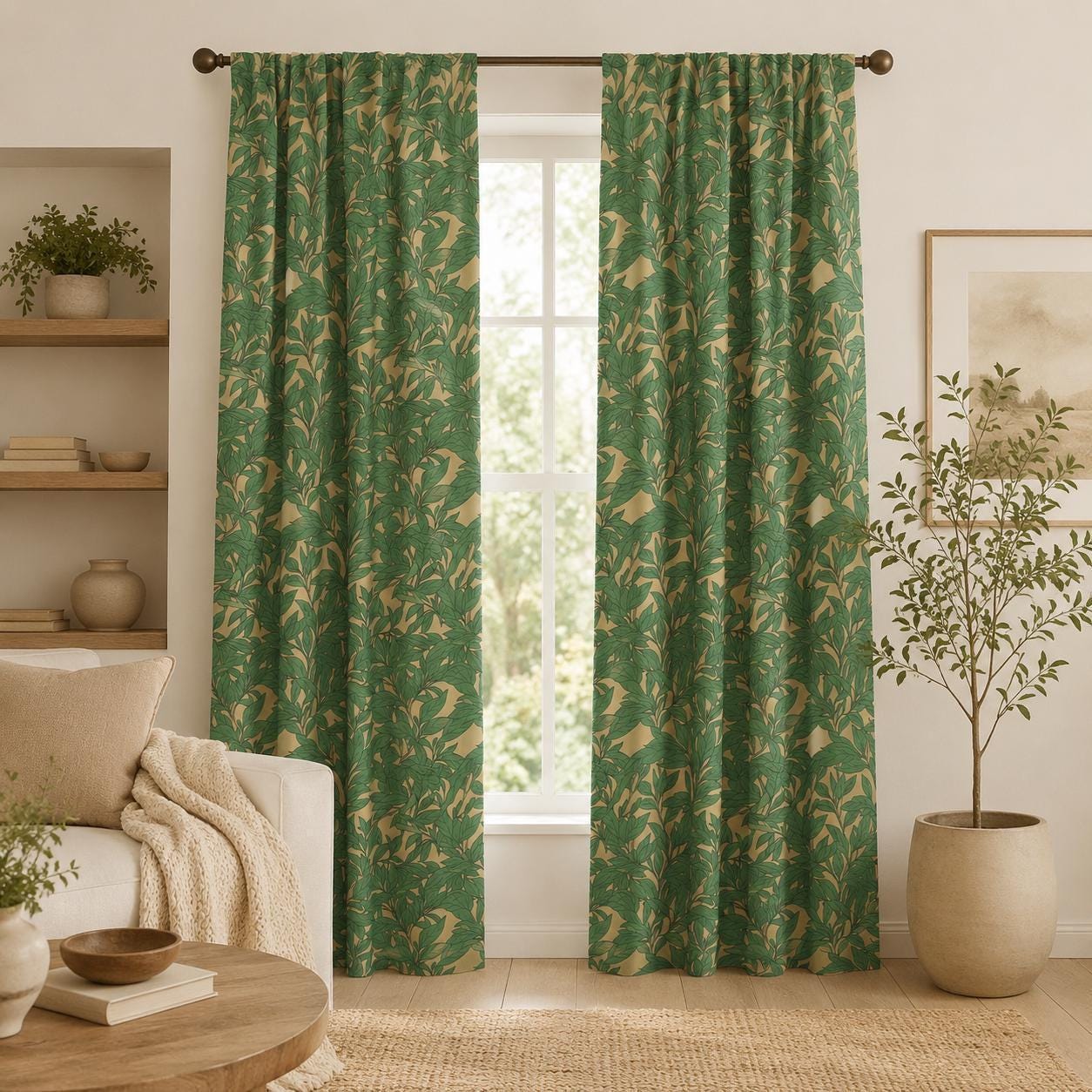 Green Botanical , Leaf Print Blackout Curtains