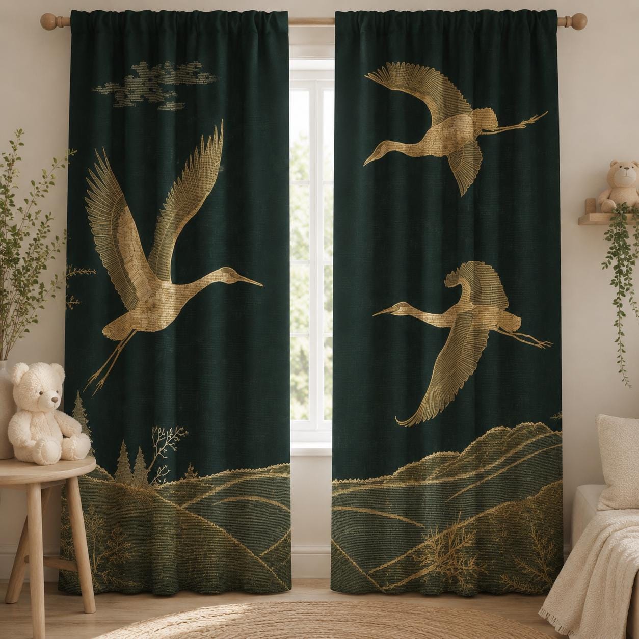 Japanese Crane, Dark Green Blackout Curtains