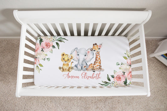 Roses Garden with Safari Babies Personalized Crib Sheet for Girl