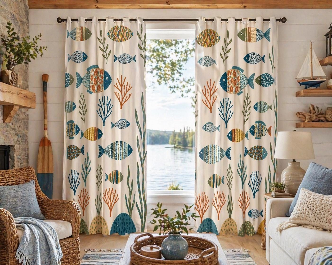Coastal Fish Curtains, Ocean Nursery Blackout Curtains