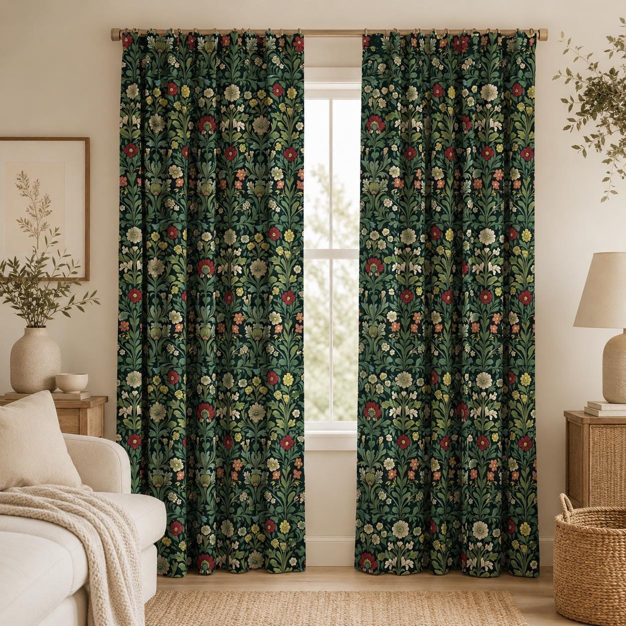 William Morris Style Floral Blackout Curtains