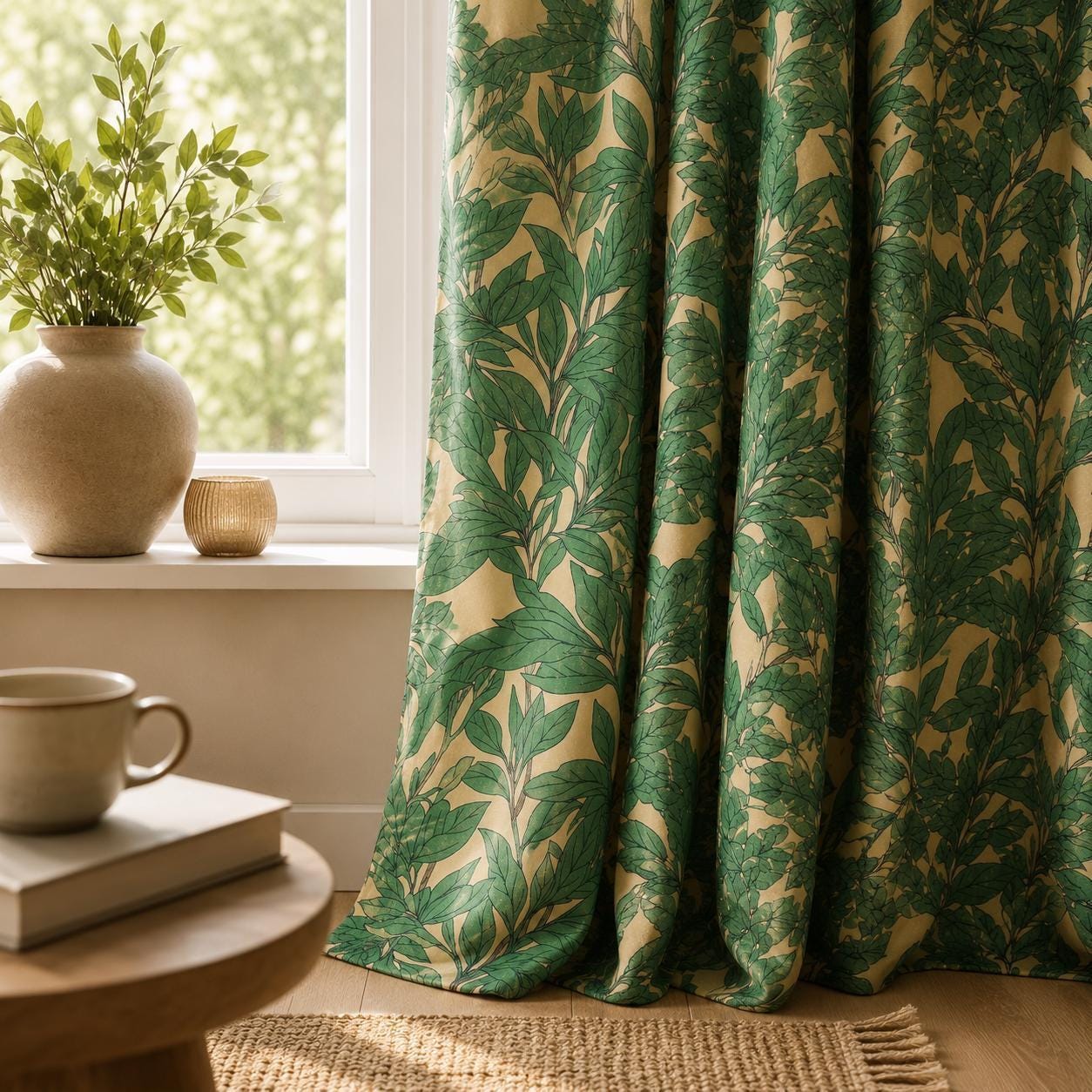 Green Botanical , Leaf Print Blackout Curtains