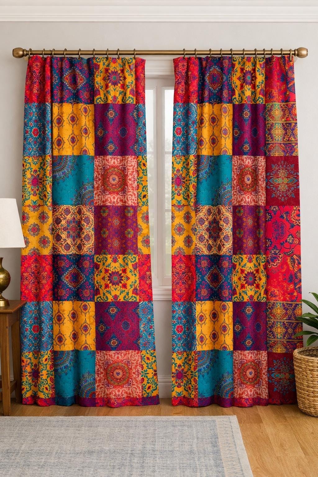 Boho Patchwork, Colorful Mandala Blackout Curtains