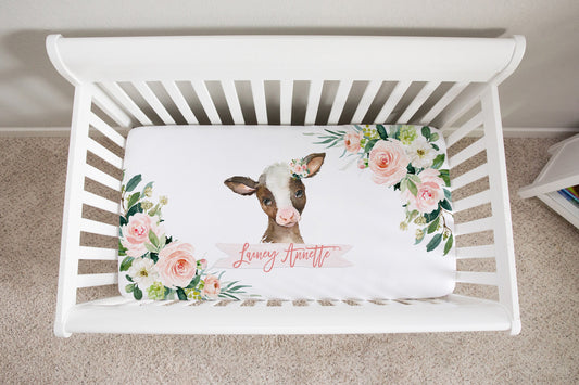 Blush Florals with Farm Animals Personalized Crib Sheet for Girl