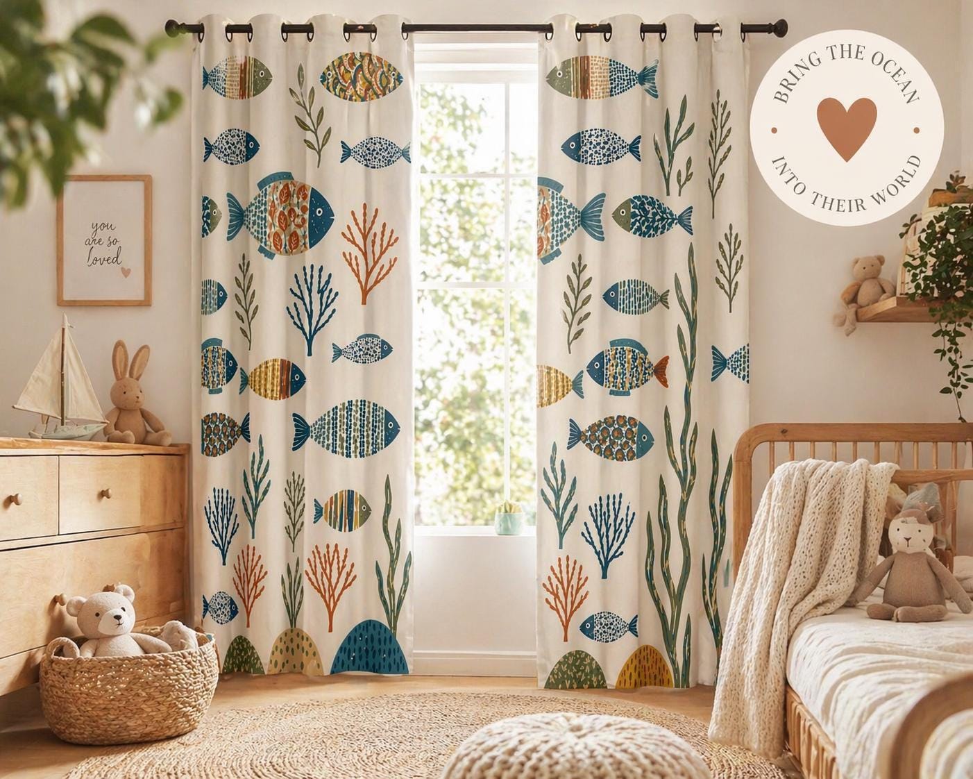 Coastal Fish Curtains, Ocean Nursery Blackout Curtains