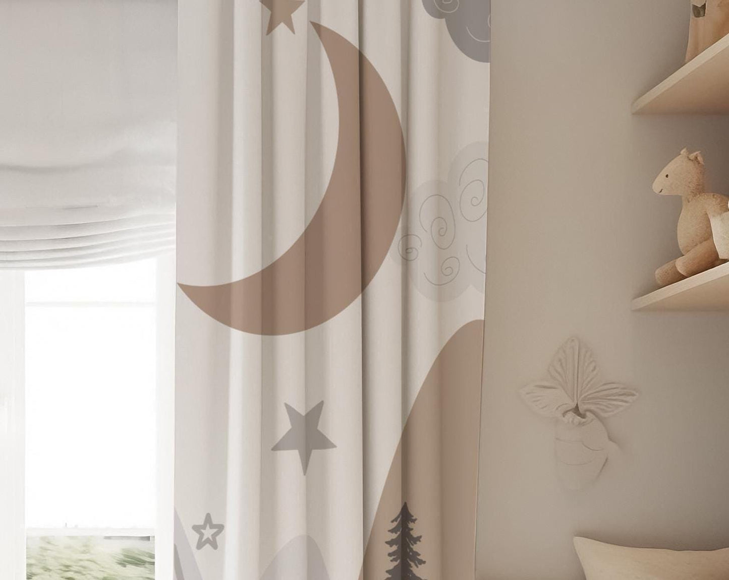 Boho Beige Mountain Curtains with Moon Blackout Curtains