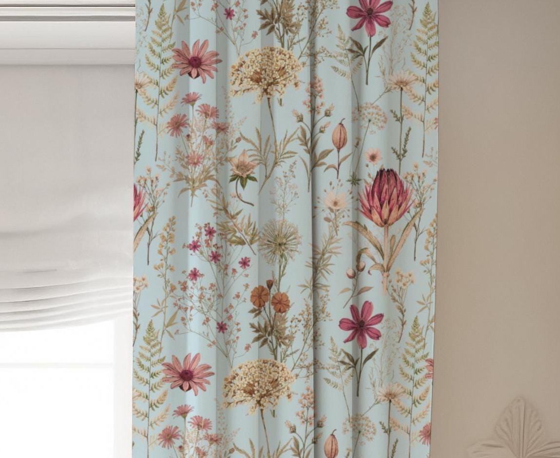Boho Floral Curtains Blue Wildflower Blackout Curtains