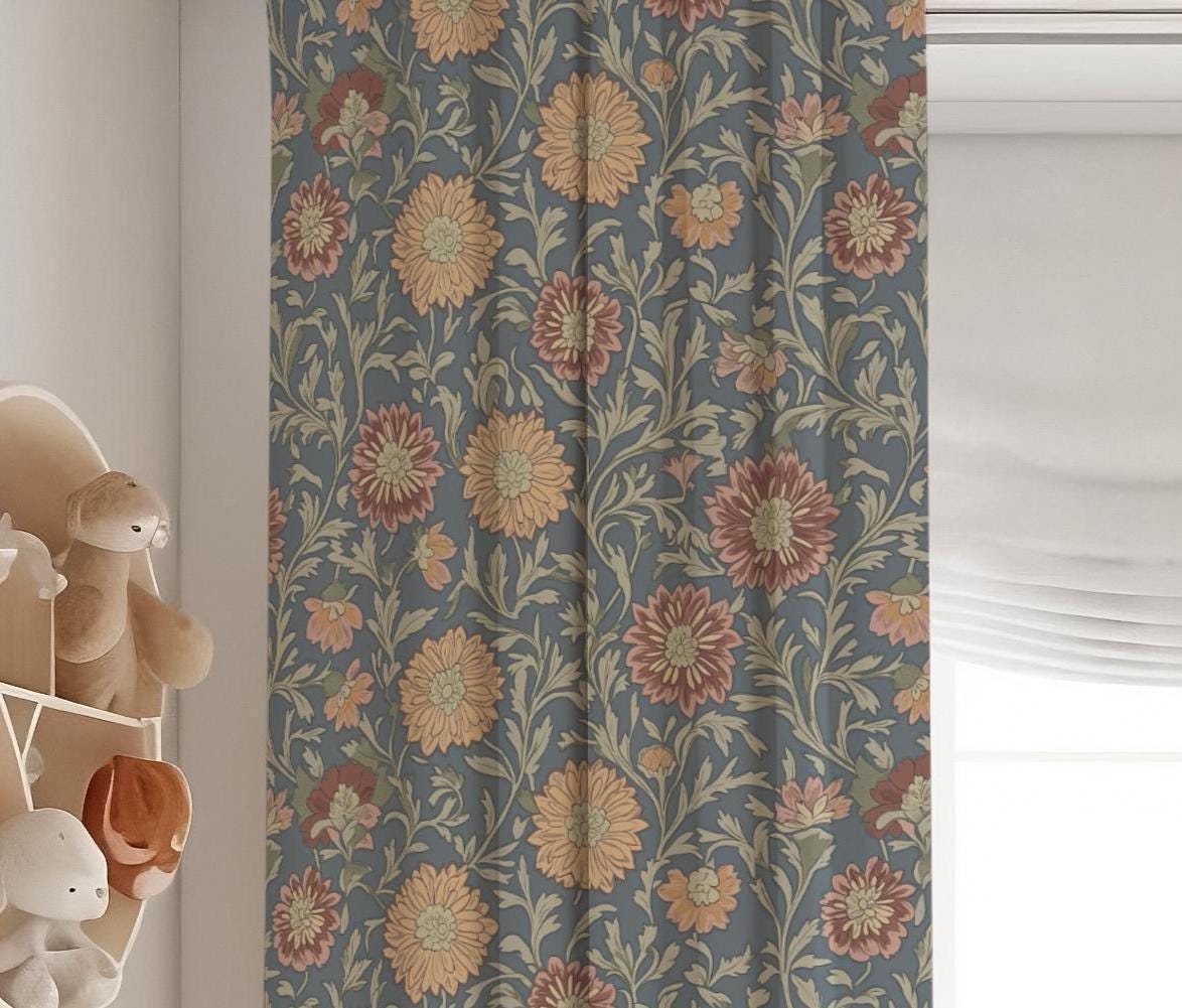 Blue Floral Curtains, Vintage Botanical Blackout Curtains