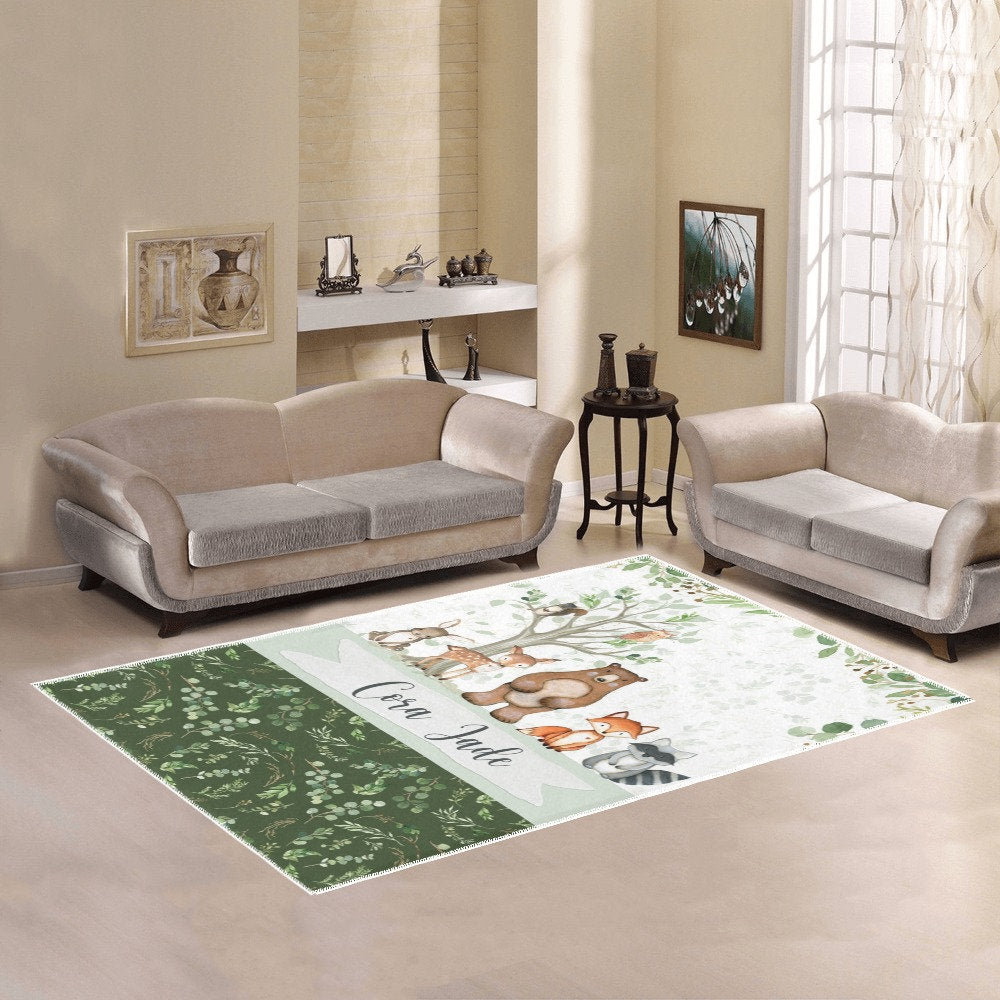 Woodland Area Rug, Baby room carpet, bear, fox, deer, buck nursery rug, woodland theme baby Nursery rug, Woodland personalized carpet