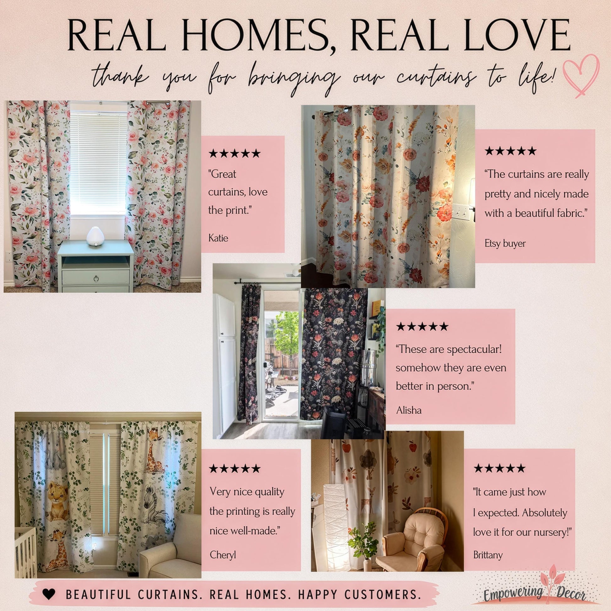 The image is a collage of six images showcasing various curtains and their positive reviews. The curtains are described as beautiful, real homes, and the reviews express appreciation for the curtains' quality and design.