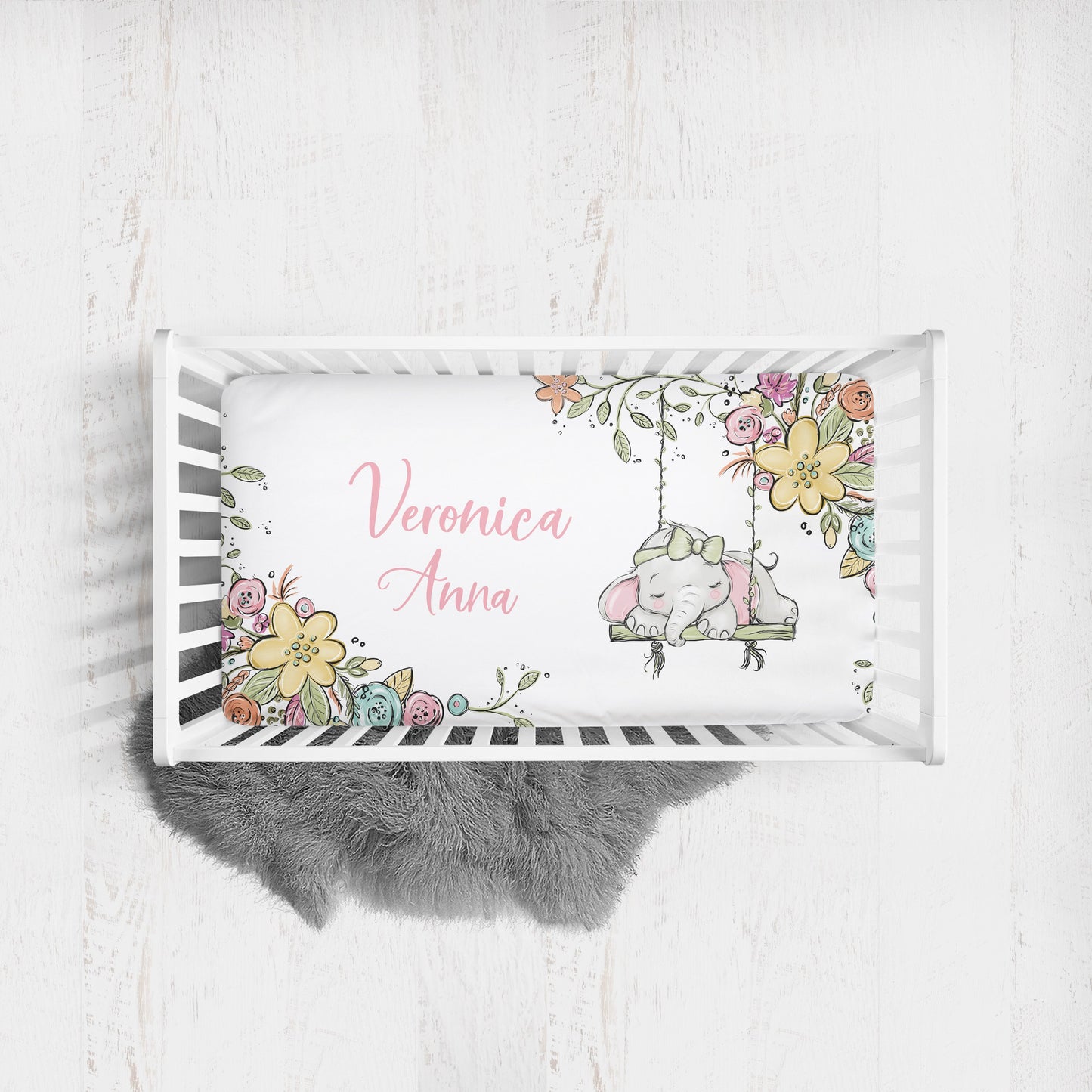 Happy Elephants Personalized Crib Sheet for Girl