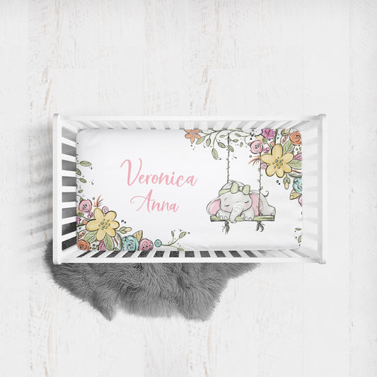 Happy Elephants Personalized Crib Sheet for Girl