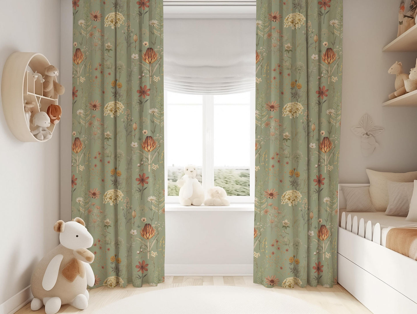 Sage Green Floral Curtains, Botanical Blackout Curtains