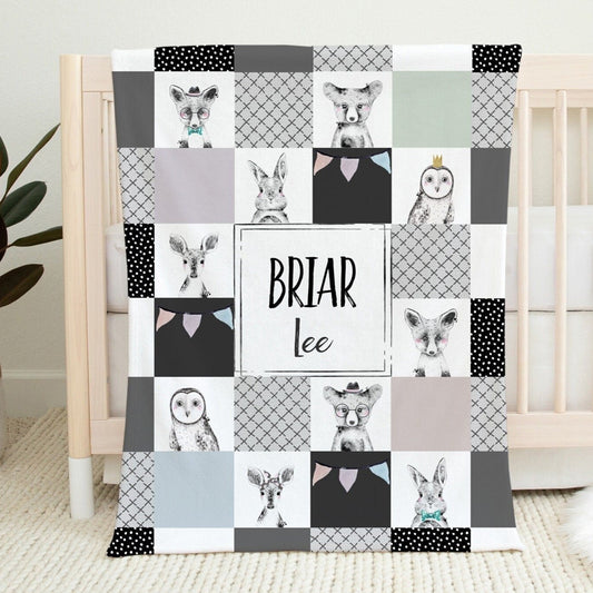 Black and White Woodland Personalized Blanket For Boy