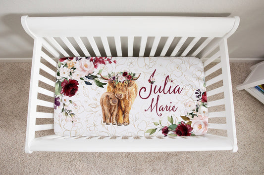 Highland Cow Personalized Crib Sheet for Girl